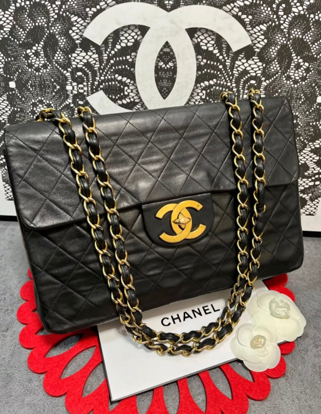 CHANEL Maxi Jumbo 34 Quilted Matelasse XL Lambskin Chain Shoulder Bag.